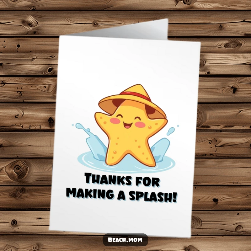 Funny Free Printable Thank You Card: A cheerful starfish wearing a sunhat playfully splashing water to express thanks.
