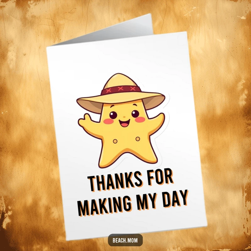 Funny Free Printable Thank You Card: A smiling starfish in a sun hat waves a friendly hello as thanks.