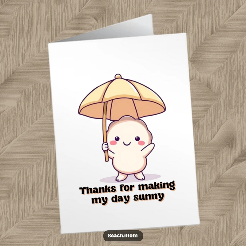 Funny Free Printable Thank You Card: A smiling seashell character holds a beach umbrella aloft, sharing beachy gratitude.