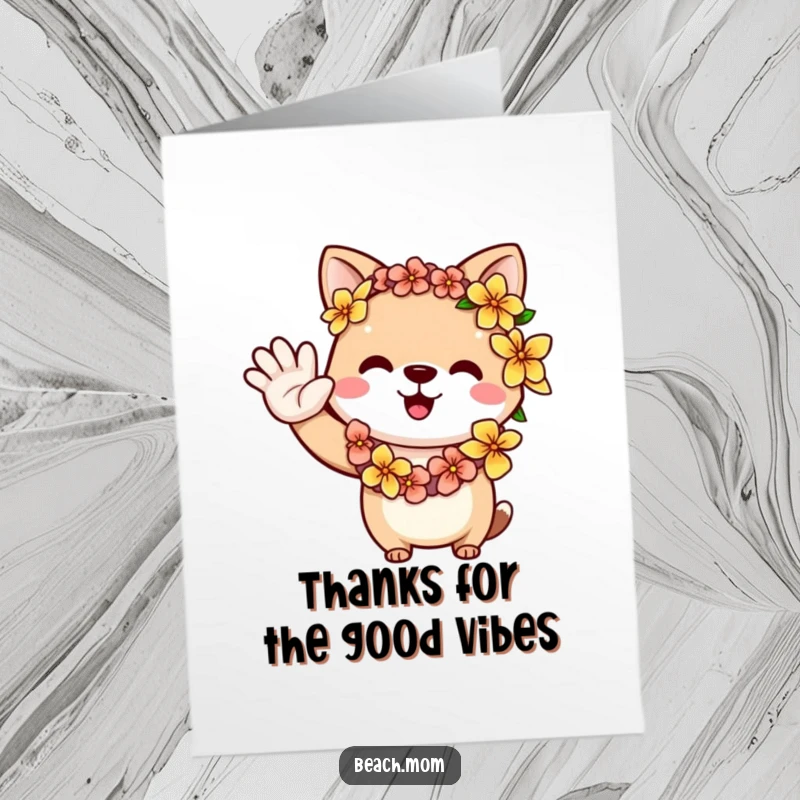 Funny Free Printable thank you card: an animal character wearing a flower lei waves a friendly greeting, sending thanks with cheer.