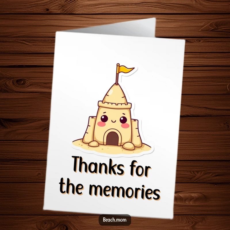 Funny Free Printable Thank You Card: A happy sandcastle character holding a tiny flag, expressing thanks.