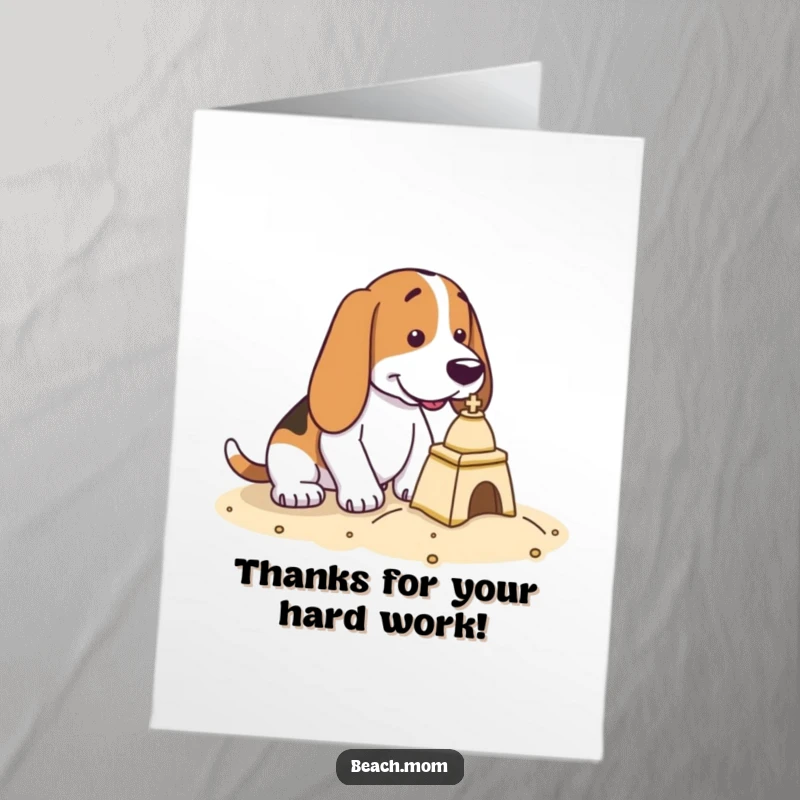 Funny Free Printable Thank You Card: A Basset Hound is seriously focused on building a miniature sandcastle.