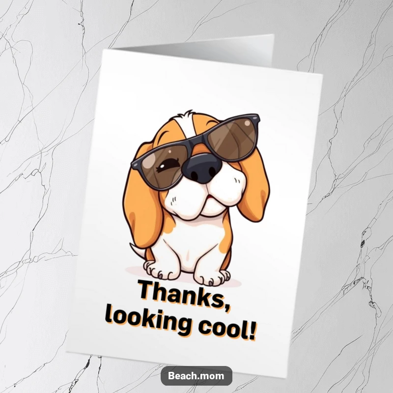 Funny Free Printable Thank You Card: A Basset Hound winks with cool sunglasses tipped on its nose.