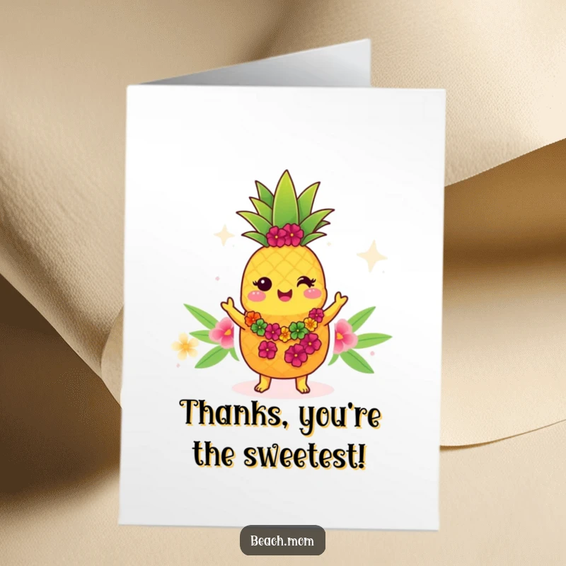 Funny Free Printable Thank You Card: A Kawaii pineapple with a lei does a happy hula dance.