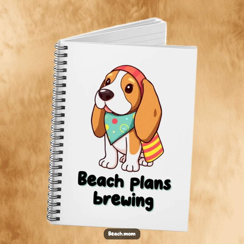 Funny Basset Hound notebook with a dog wearing a bandana and carrying a beach bag, ideal for jotting down funny thoughts.