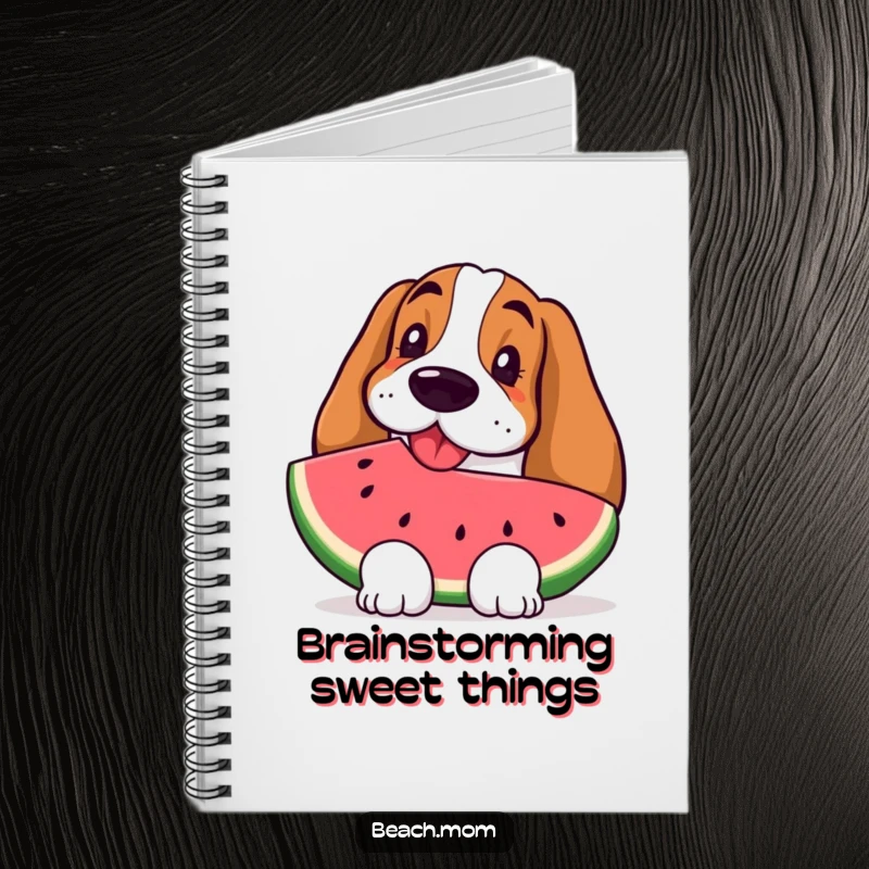 Funny Basset Hound notebook featuring a happy dog with a slice of watermelon, ready for summer notes.