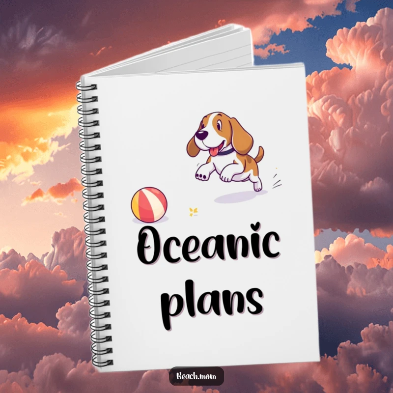 Funny Basset Hound notebook cover featuring a dog playfully chasing a beach ball on the shore, inspiring creative and sunny ideas.