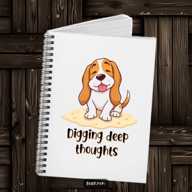 Funny Basset Hound notebook with a happy dog burying its tail in the sand with a contented sigh, ideal for notes and reflections.
