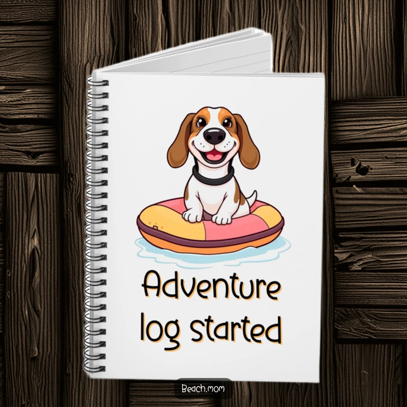 Funny Basset Hound notebook with a dog with a goofy grin riding a tiny inflatable raft, ideal for jotting down adventurous thoughts.