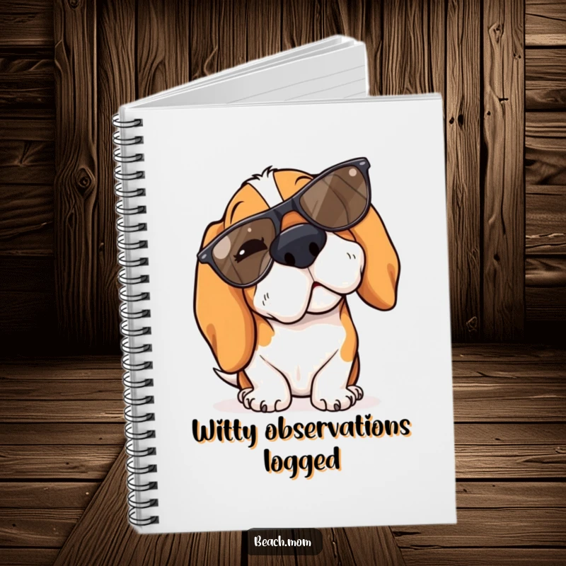 Funny Basset Hound notebook featuring a dog winking with cool sunglasses perched on its nose.