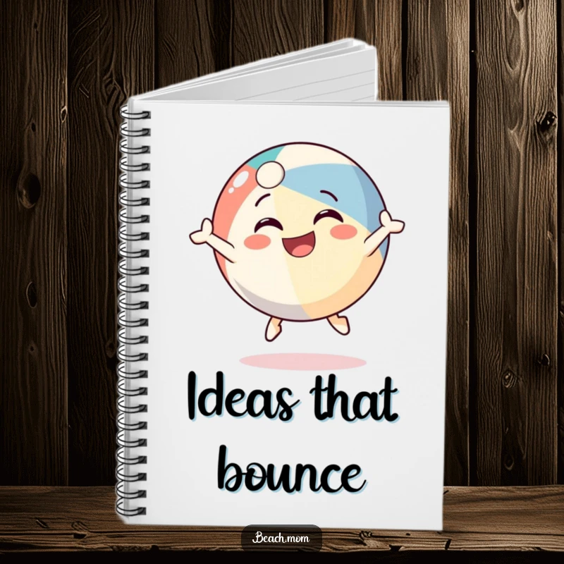 Funny beach ball character notebook, illustrated bouncing with a cheerful grin, perfect for summer notes and creative ideas.