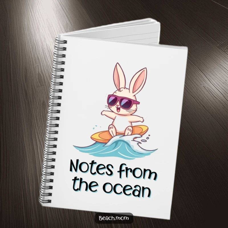 Funny Bunny Surfer notebook with a cool bunny with sunglasses surfing a tiny wave, perfect for jotting down radical ideas.