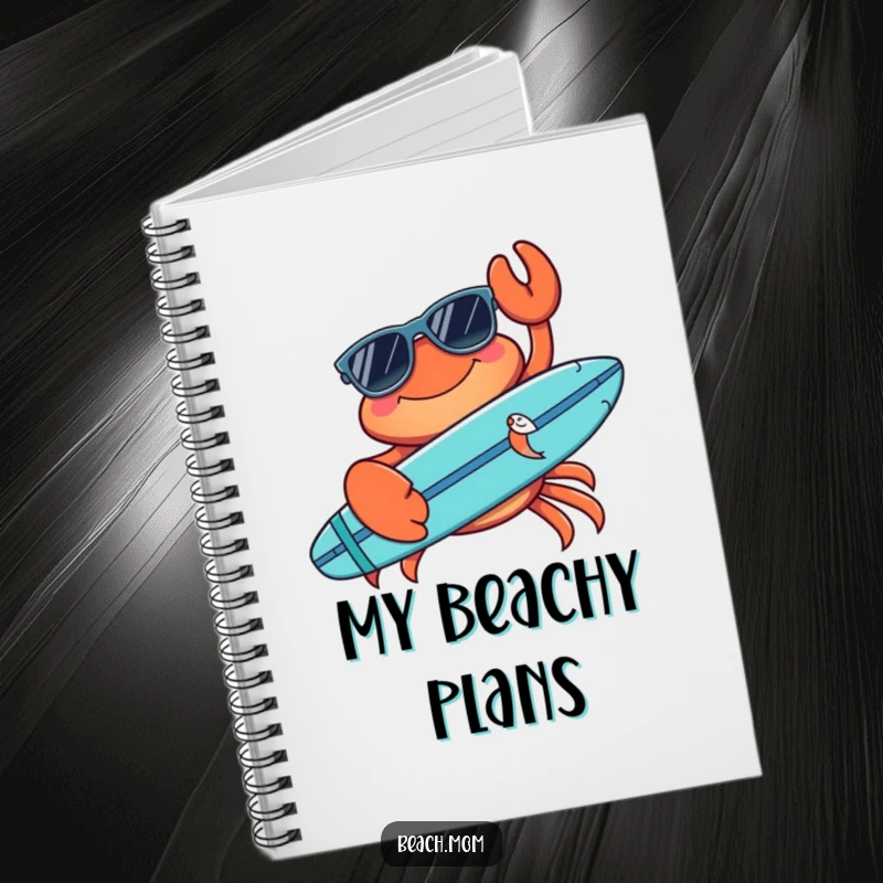 Funny crab notebook cover featuring a cool crab with sunglasses and a surfboard, conveying humorous beachy adventure for note-taking.