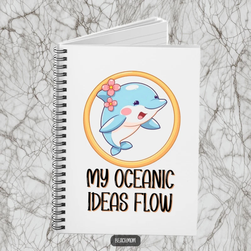 Funny happy dolphin with a flower, jumping through a hoop, on the cover of a notebook.