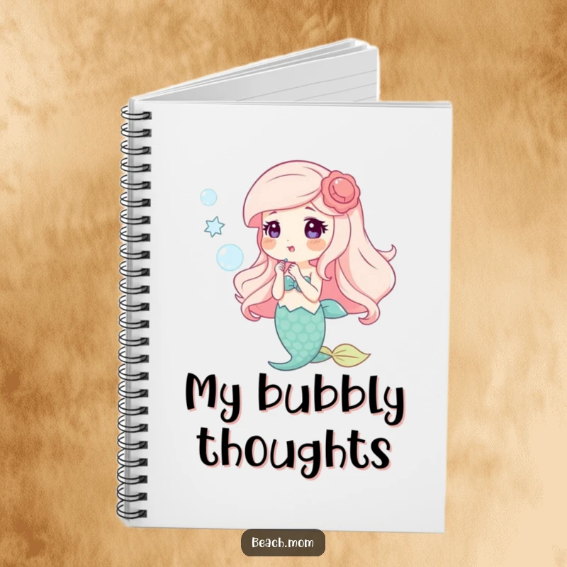 Funny notebook with a happy mermaid and shell accessories blowing bubbles, perfect for journaling and creative writing.