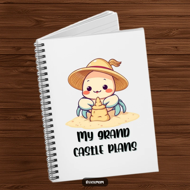 Funny Kawaii Crab Notebook cover: a cute crab with a sun hat trying to build a sandcastle, inspiring creativity.