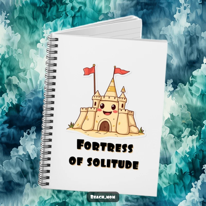 Funny notebook with a grinning sandcastle waving a flag, ideal for writing, planning, and beach vacation memories.