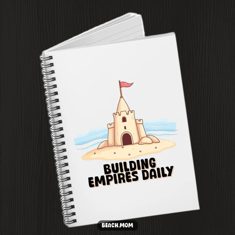 Funny notebook cover showcasing a happy sandcastle waving a flag to the ocean, inspiring seaside thoughts and doodles.