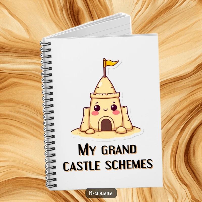 Funny sandcastle character notebook with a tiny flag, smiling cheerfully, perfect for jotting down beach dreams or daily notes.