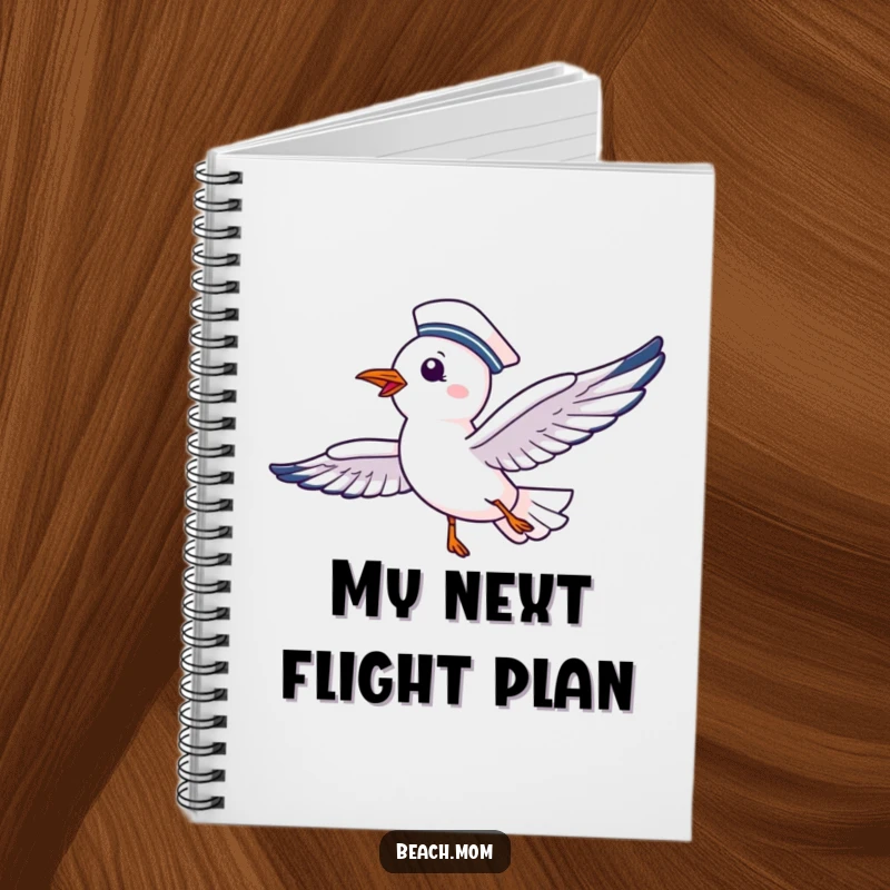 Funny notebook with a delighted seagull in a sailor hat, soaring joyfully, inspiring tales of the sea.