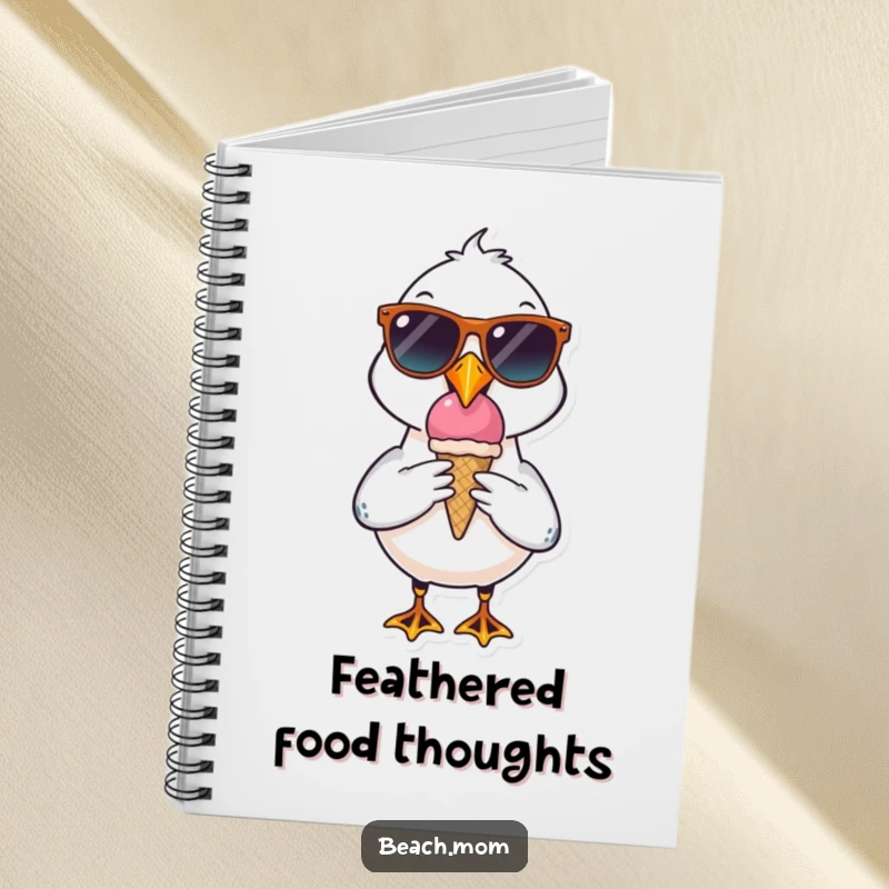 Funny seagull character notebook wearing sunglasses, enjoying an ice cream cone, ideal for jotting down cool beach ideas.