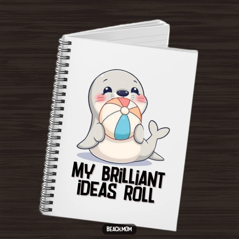 Funny notebook cover featuring a seal balancing a beach ball on its nose, perfect for note-taking and creative writing.