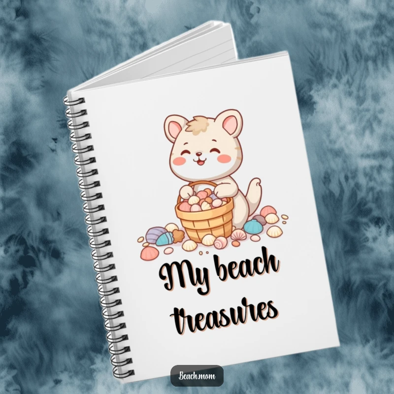 Funny animal character with a bucket full of seashells, smiling, perfect for a creative notebook.