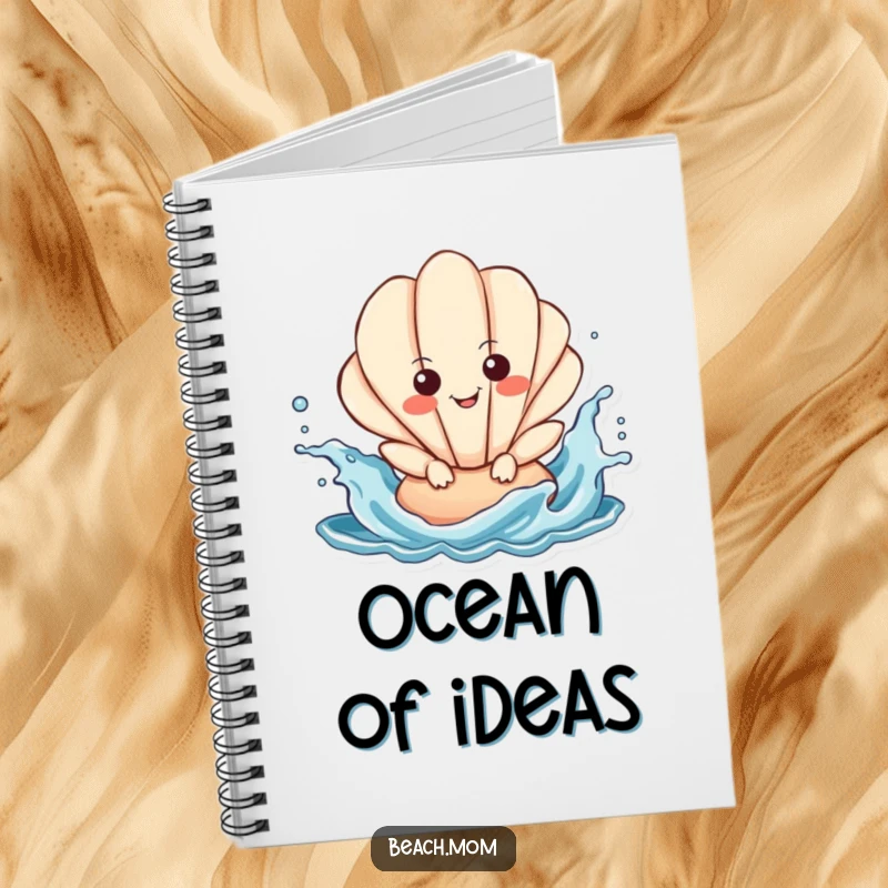 Funny Seashell Notebook cover: a cheerful seashell character splashing happily in bright ocean waves, inspiring creativity.