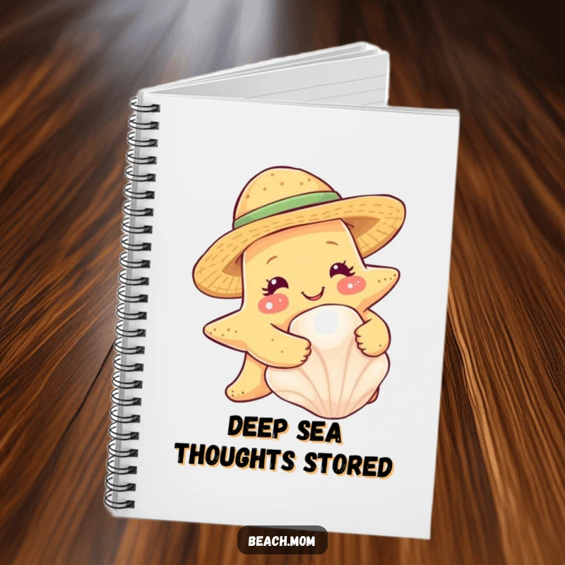 Funny smiling starfish in a straw hat, hugging a seashell, on the cover of a notebook.
