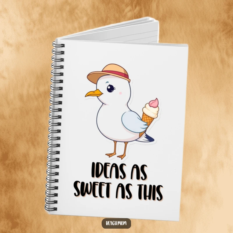 Funny notebook featuring a seagull in a hat, holding an ice cream cone, perfect for journaling and planning.