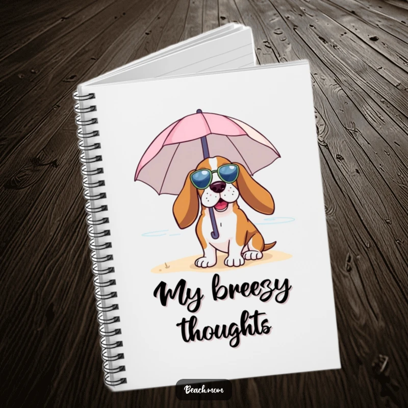 Funny Basset Hound notebook cover featuring a dog under a tiny umbrella, enjoying the beach breeze, ideal for beachy notes.