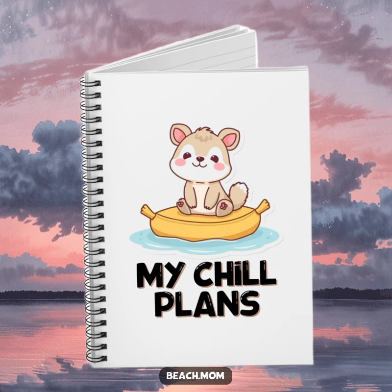Funny animal character bobbing happily on a raft, symbolizing carefree thoughts, perfect for a creative notebook.