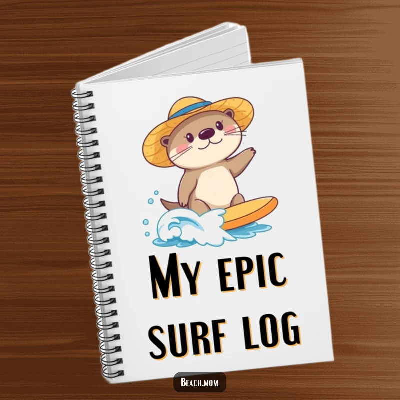 Funny sea otter notebook, wearing a sun hat, surfing a small wave, a delightful companion for all your ocean-inspired writing needs.