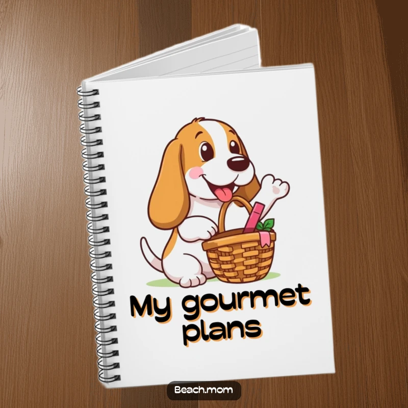 Funny Basset Hound notebook cover featuring a dog with a picnic basket, offering a happy gesture, ideal for jotting picnic plans.