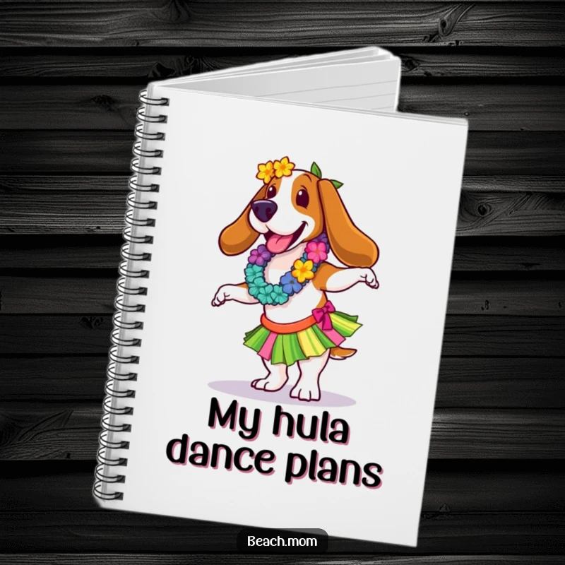 Funny Basset Hound notebook cover featuring a hula dancer in a lei and skirt, ready to capture tropical ideas.