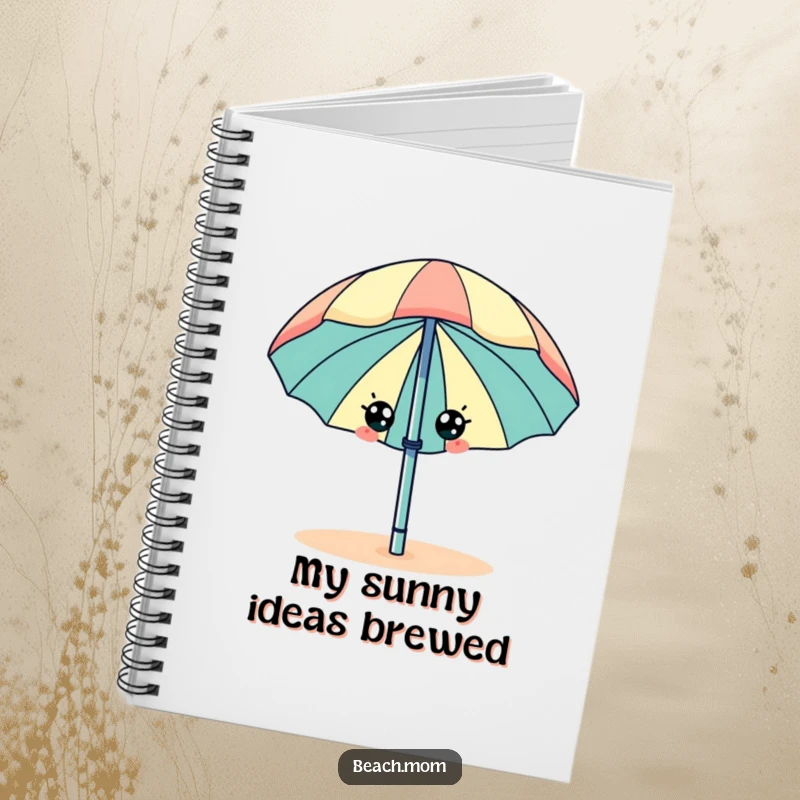 Funny beach umbrella with eyes, wiggling happily, on the cover of a notebook.