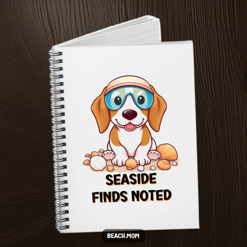 Funny Basset Hound notebook with a dog wearing a visor, happily collecting seashells, perfect for jotting down seaside discoveries.