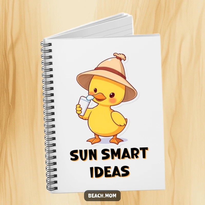 Funny notebook with a duck in a sun hat applying sunscreen to its nose, a humorous design for jotting down notes and ideas.