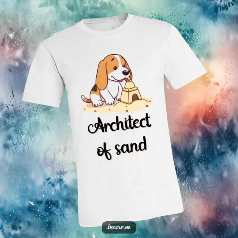 Funny Basset Hound t-shirt featuring a dog with a determined expression, meticulously constructing a small sandcastle.
