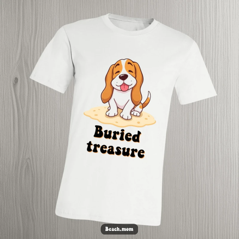 Funny Basset Hound t-shirt featuring a happy dog burying its tail in the sand with a blissful sigh.