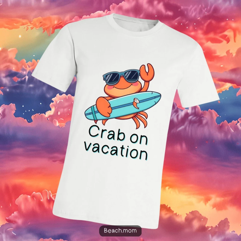 Funny crab t-shirt depicting a smiling crab wearing sunglasses and holding a surfboard, radiating humorous beach vibes and adventure.