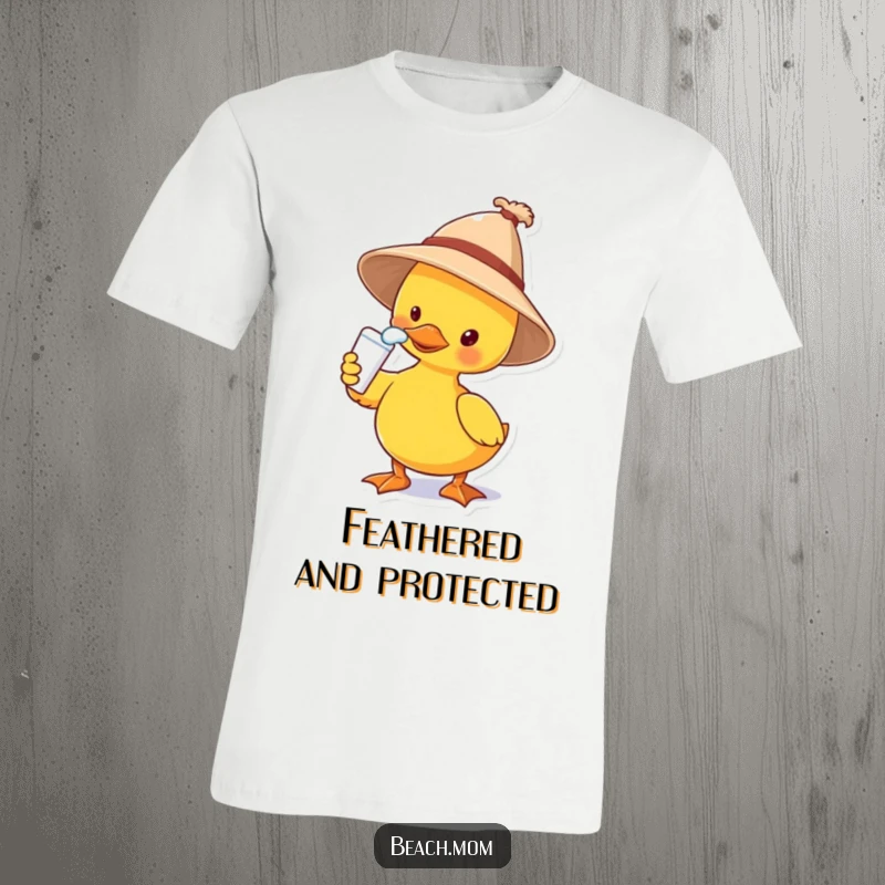 Funny t-shirt featuring a duck wearing a straw sun hat and applying sunscreen to its nose with a confident, funny expression.