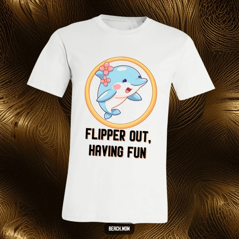 Funny dolphin wearing a flower, jumping through a hoop, printed on a comfortable t-shirt.