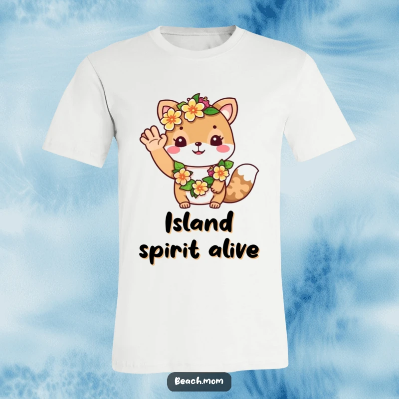 Funny t-shirt: A happy animal character adorned with a colorful flower lei waves a friendly greeting, embracing tropical fun.