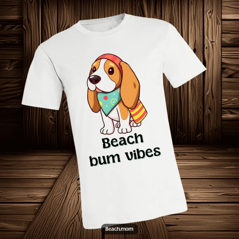 Funny Basset Hound t-shirt showing a cute dog wearing a bandana, holding a beach bag, exuding vacation vibes.