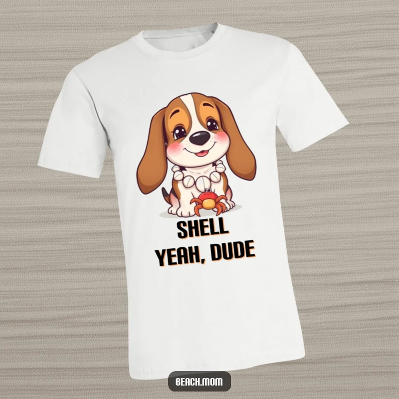 Funny Basset Hound t-shirt with a dog wearing a seashell necklace, happily interacting with a small crab by the sea.
