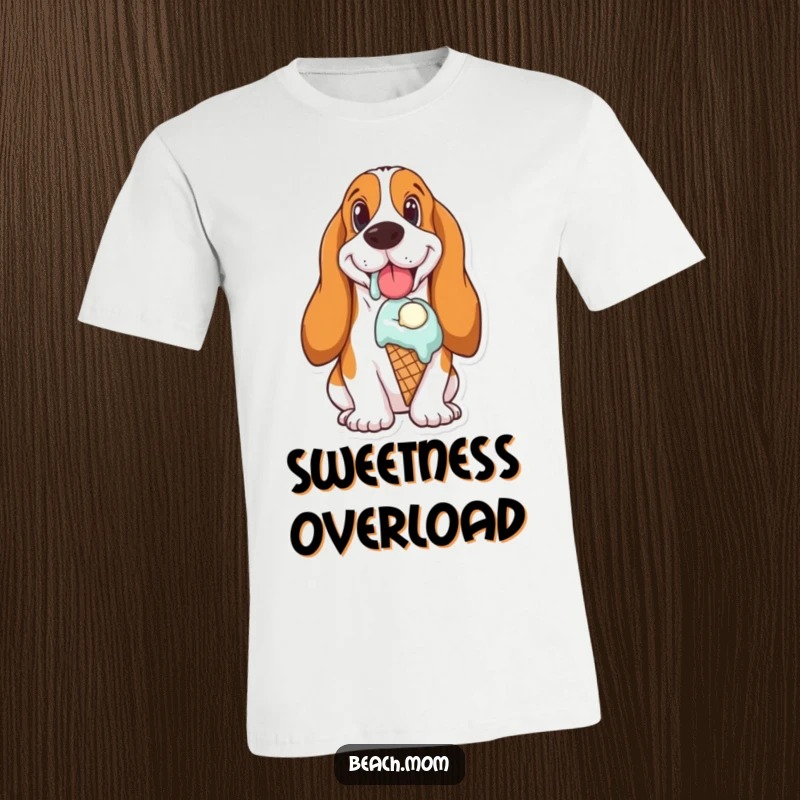 Funny Basset Hound t-shirt featuring a droopy-faced dog blissfully enjoying a melting ice cream cone, capturing pure joy.