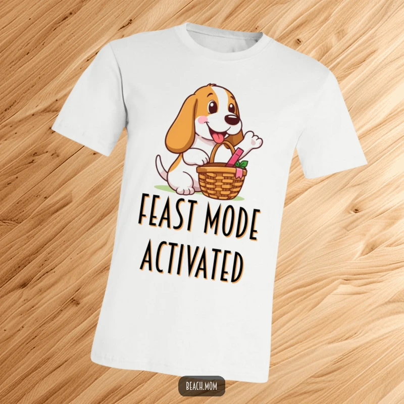 Funny Basset Hound t-shirt featuring a dog proudly offering a picnic basket with a happy, welcoming gesture for a shared meal.