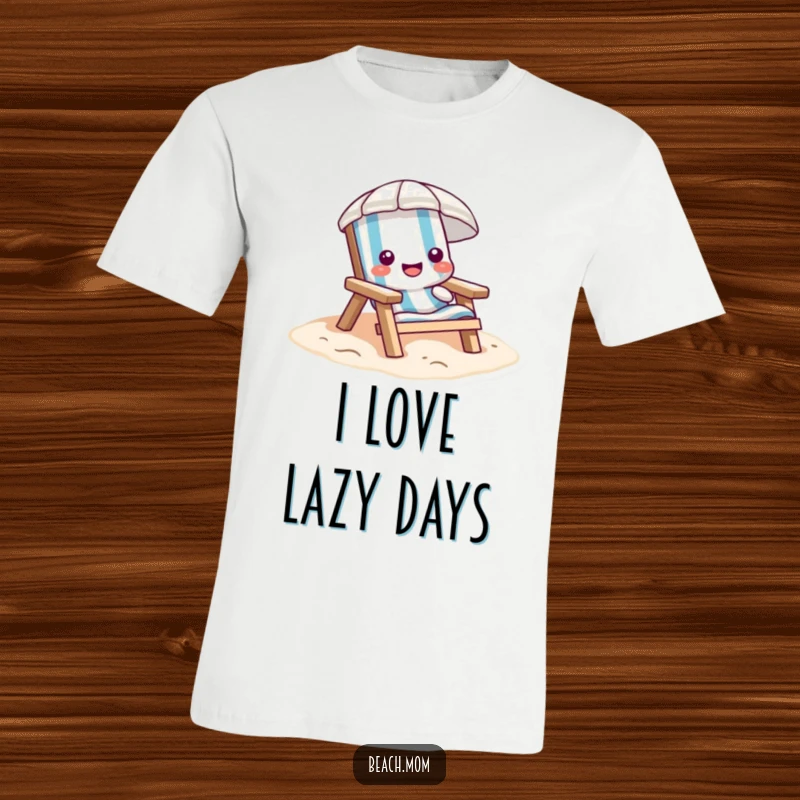 Funny beach chair t-shirt, cartoon character happily sinking into sandy beach, embodying pure relaxation and ease.