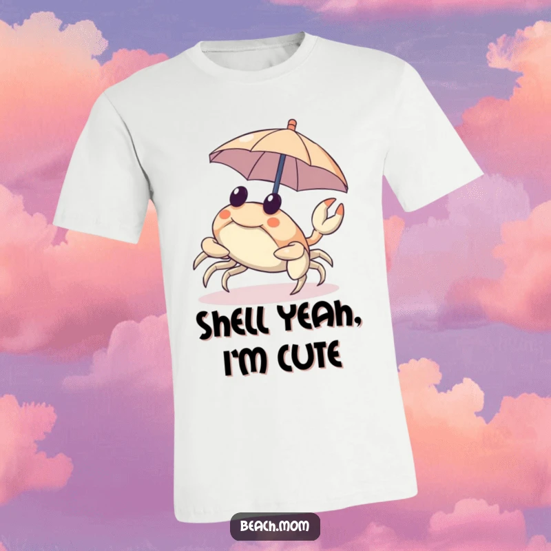 Funny t-shirt featuring a cheerful crab scuttling sideways while holding a tiny umbrella, bringing beach vibes.